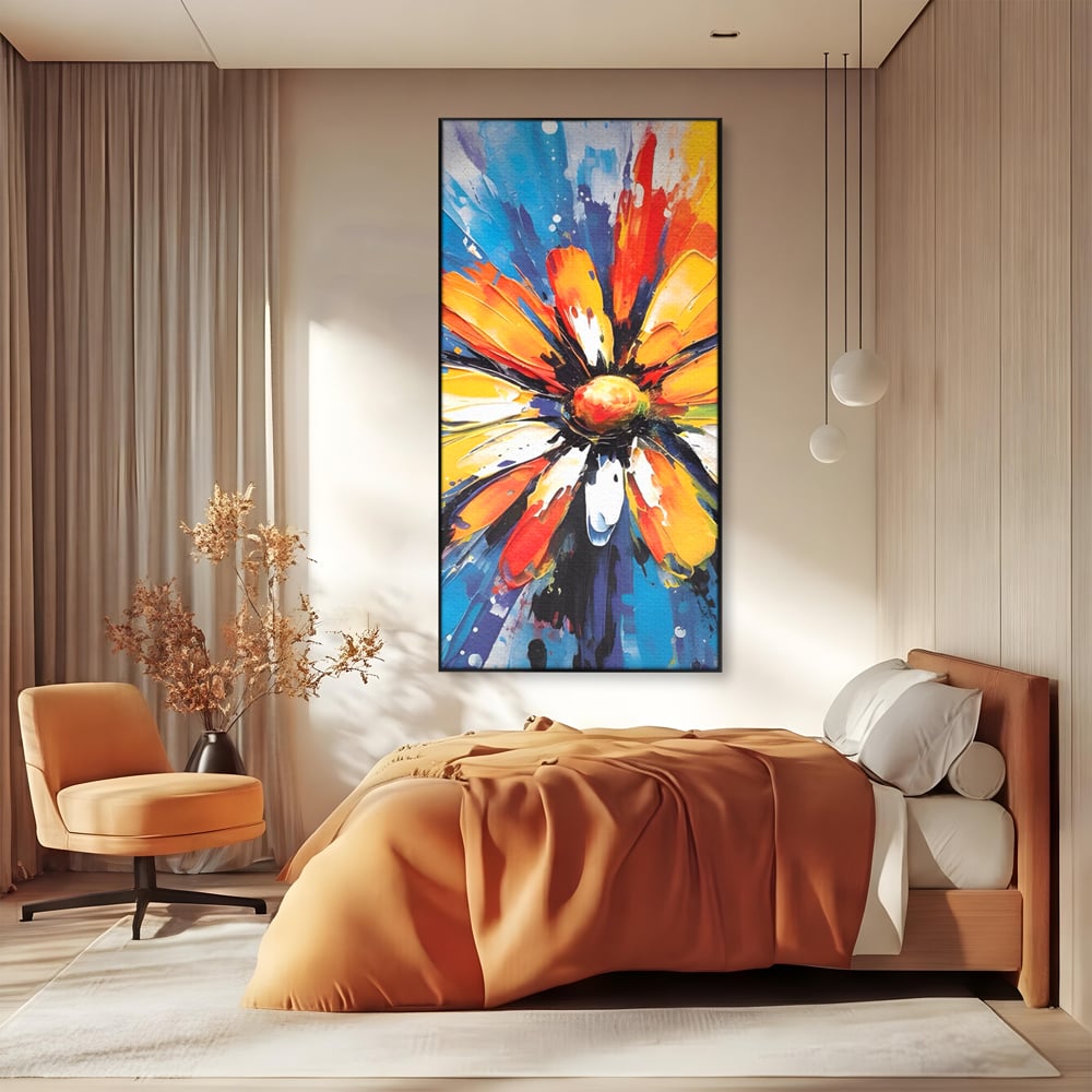 Tablou canvas cu pictura abstracta cu floare colorata, in rama de aluminiu negru, pe perete intr-un dormitor